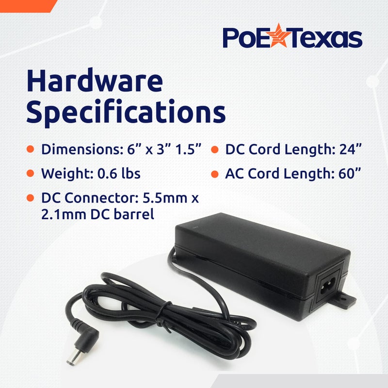 PoE Texas مزود طاقة PoE تكساس 48 فولت - مزود طاقة 48 فولت 60 واط من AC إلى DC لتغذية الطاقة عبر الإيثرنت، محقن PoE، محول، مقسم، موسع، مفتاح شبكة - طاقة PoE 60 واط 48 فولت DC لأجهزة 802.3af، 802.3at - Image 5